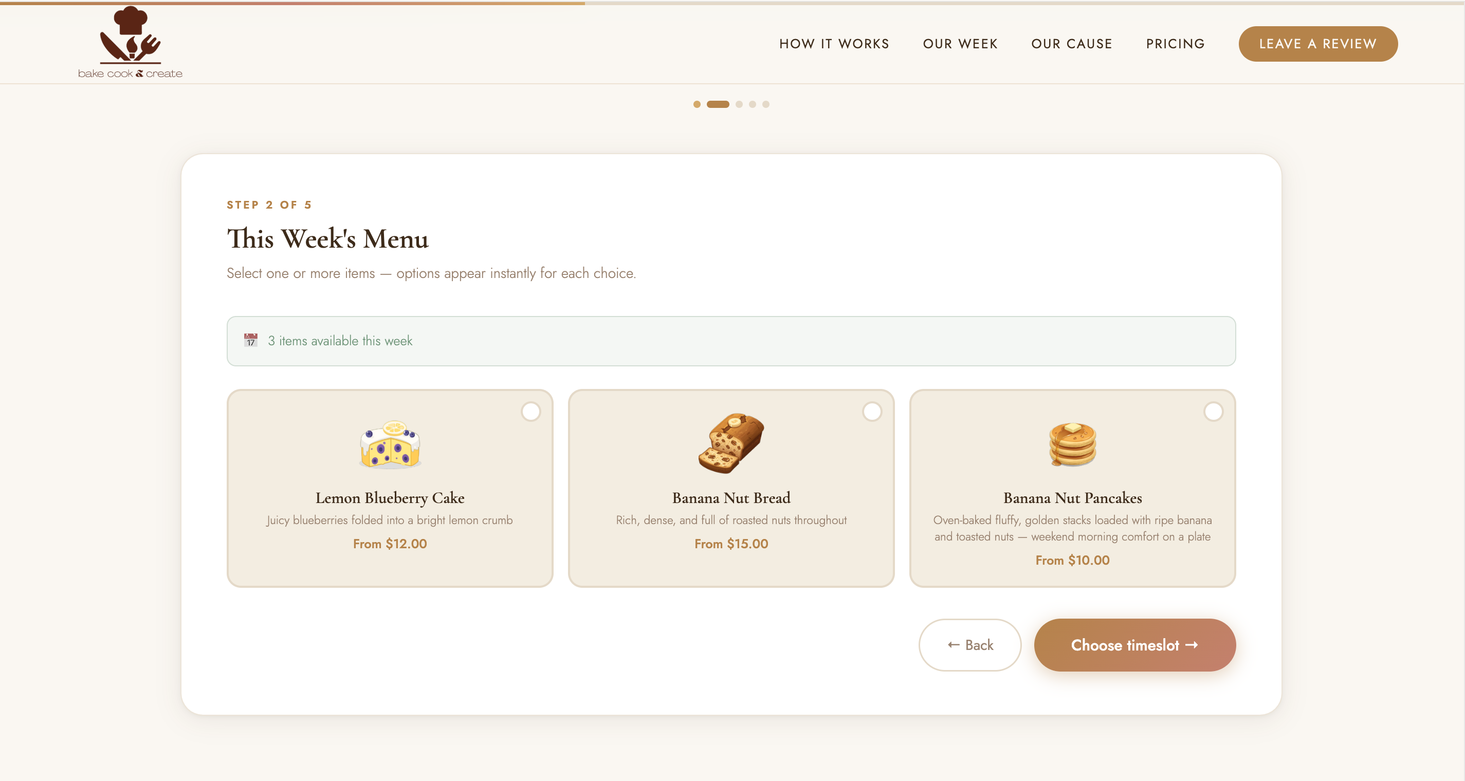 Order form step 2: this week's menu