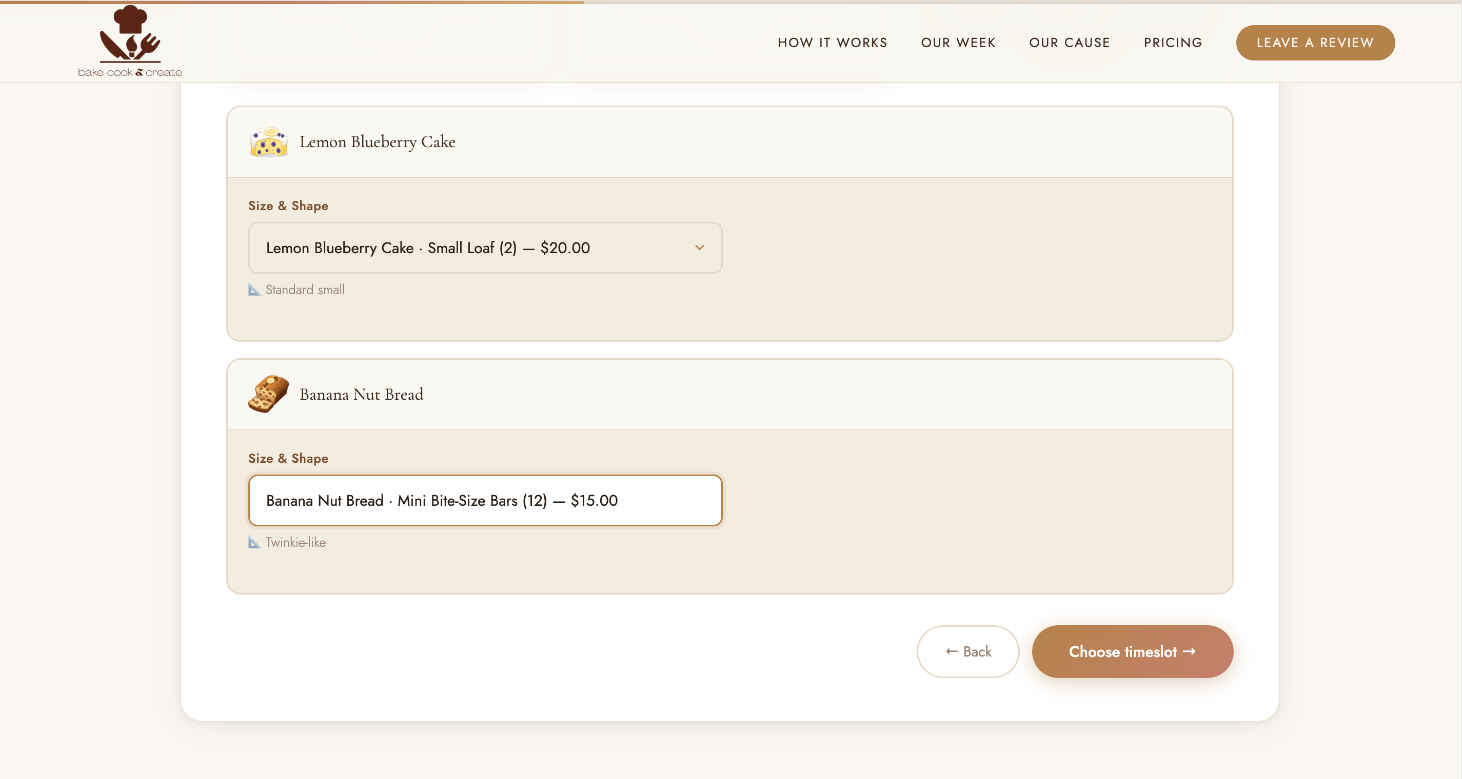 Order form step 2: size and shape options