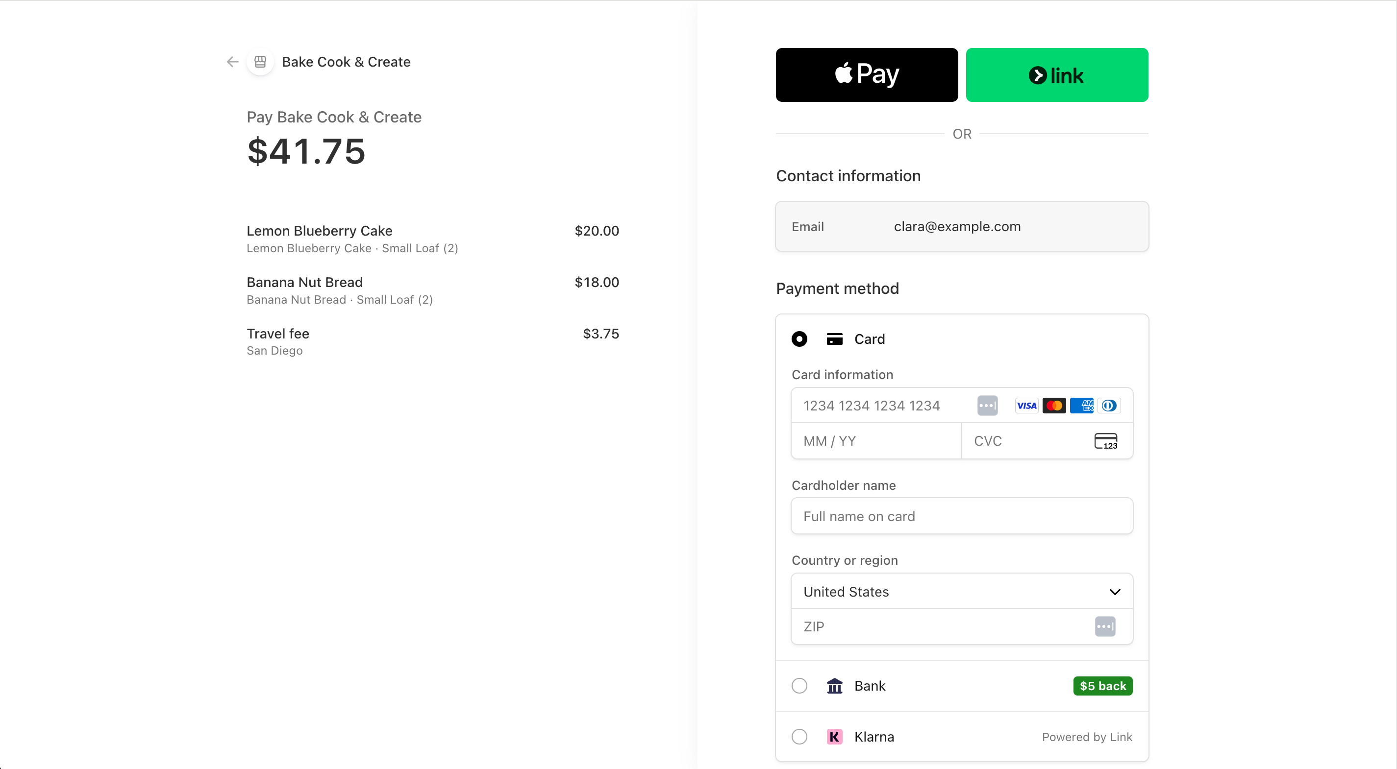 Stripe hosted checkout with order summary and card entry form